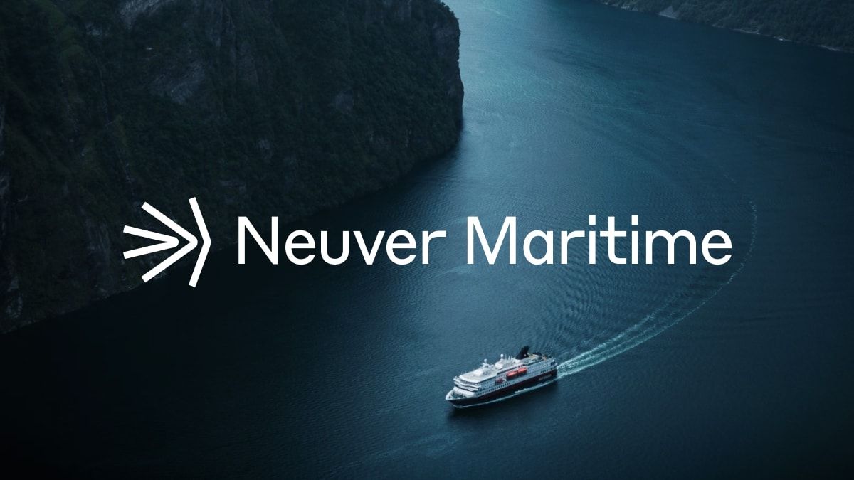 Image of a cruise ship travelling across a fjord with the Neuver Maritime logo displayed on top