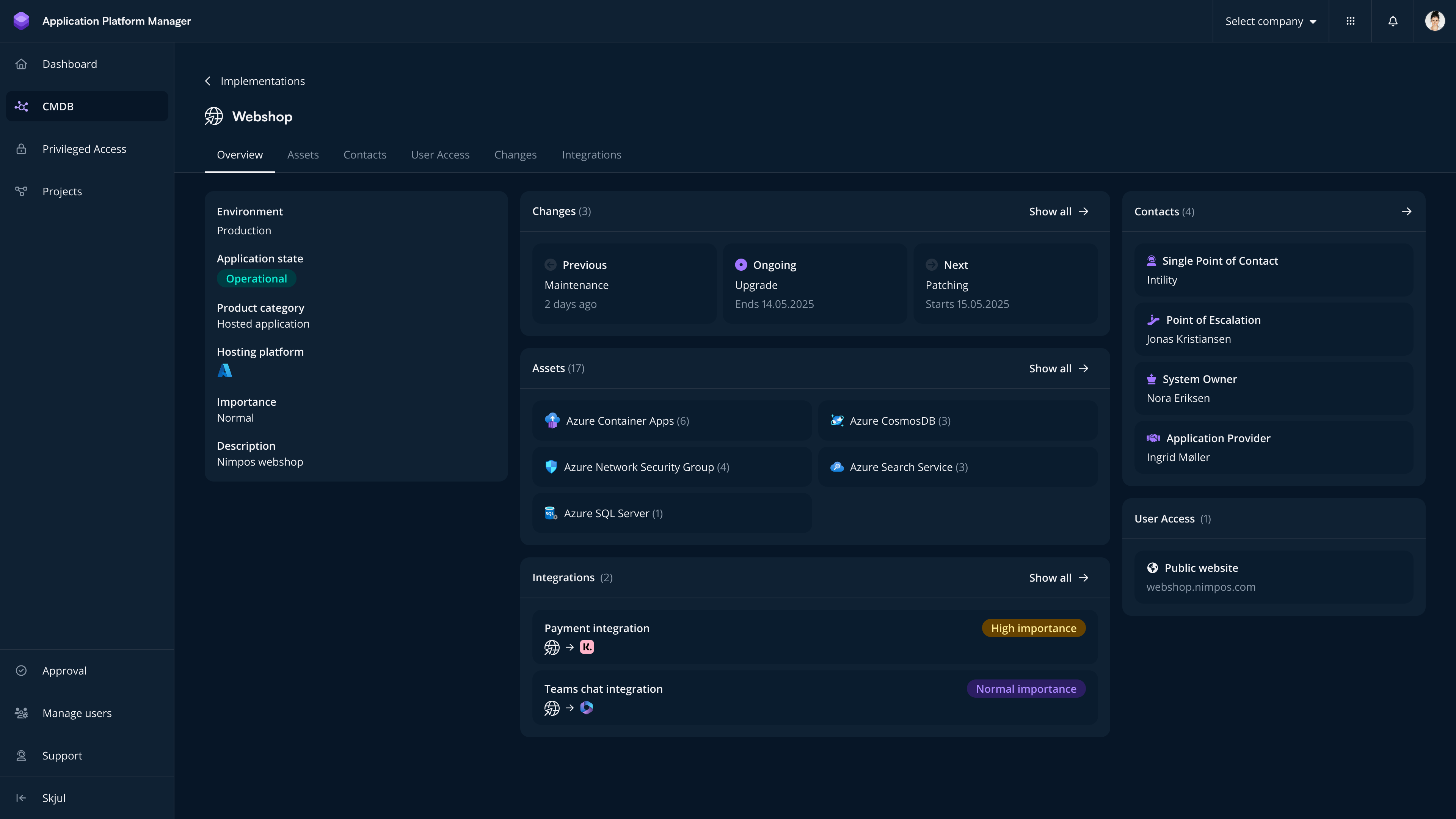 Applikasjonsadministrasjonspanel med status, ressurser, integrasjoner, kontakter og brukeradgang.