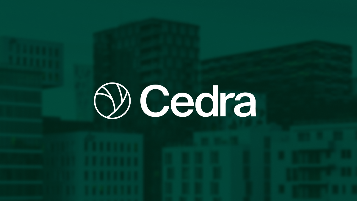 Cedra logo displayed on top of a blurred image of the Barcode district in Oslo, Norway