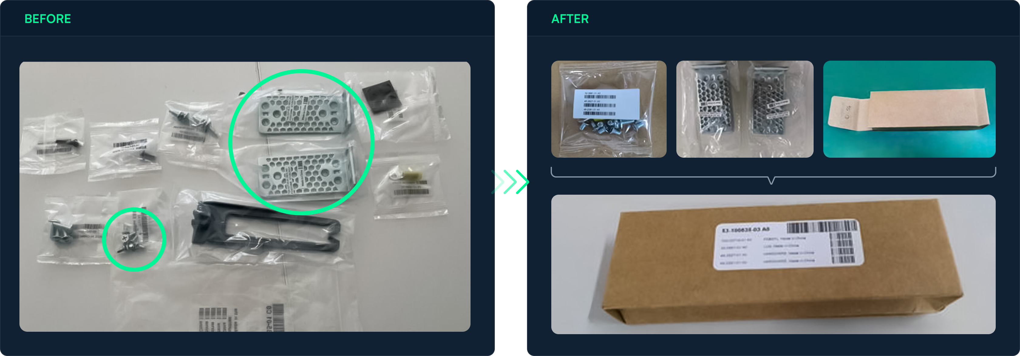 Sammenligning av produktdeler i flere plastposer før og samlet emballasje etter.