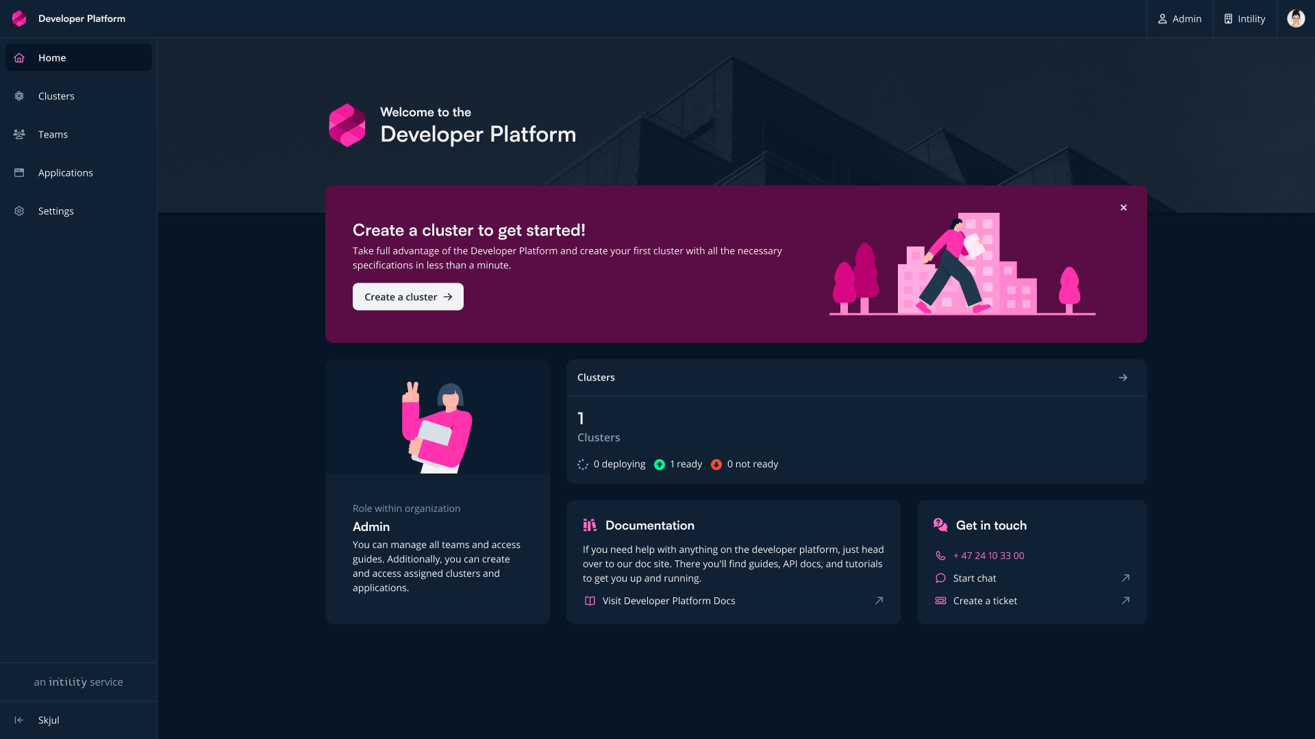 Developer Platform-dashboard med alternativer for clusters, team, applikasjoner og komme i gang-instruksjoner.